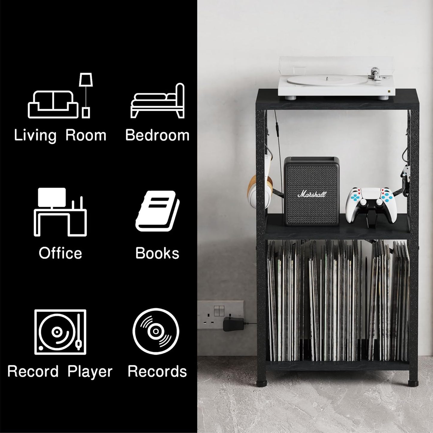 End Table with LED Light,Record Player Stand with Albums Storage,Vinyl Records Storage,Turntable Stand Side Table for Music Room Studio Living Room Bedroom-Modern Black