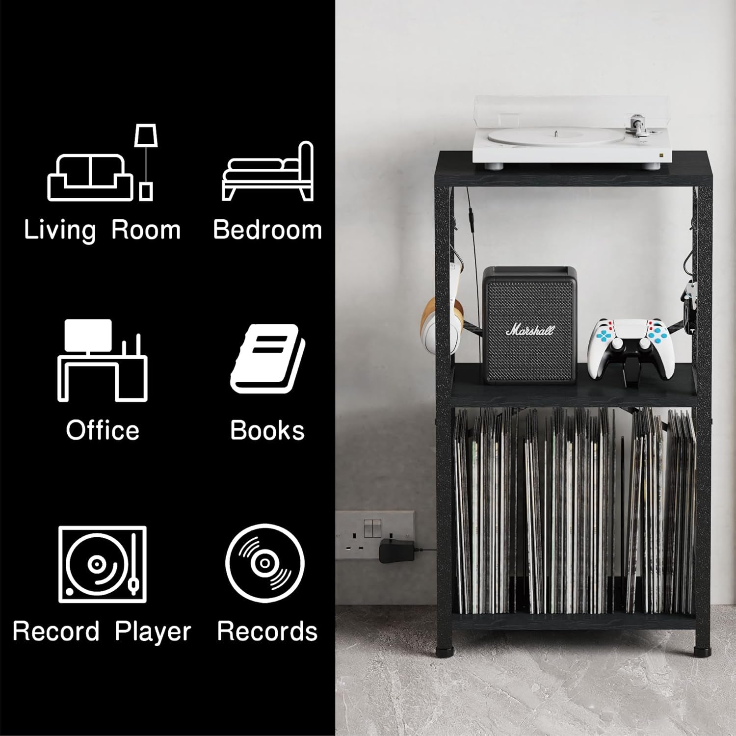 End Table with LED Light,Record Player Stand with Albums Storage,Vinyl Records Storage,Turntable Stand Side Table for Music Room Studio Living Room Bedroom-Modern Black