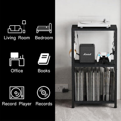 End Table with LED Light,Record Player Stand with Albums Storage,Vinyl Records Storage,Turntable Stand Side Table for Music Room Studio Living Room Bedroom-Modern Black