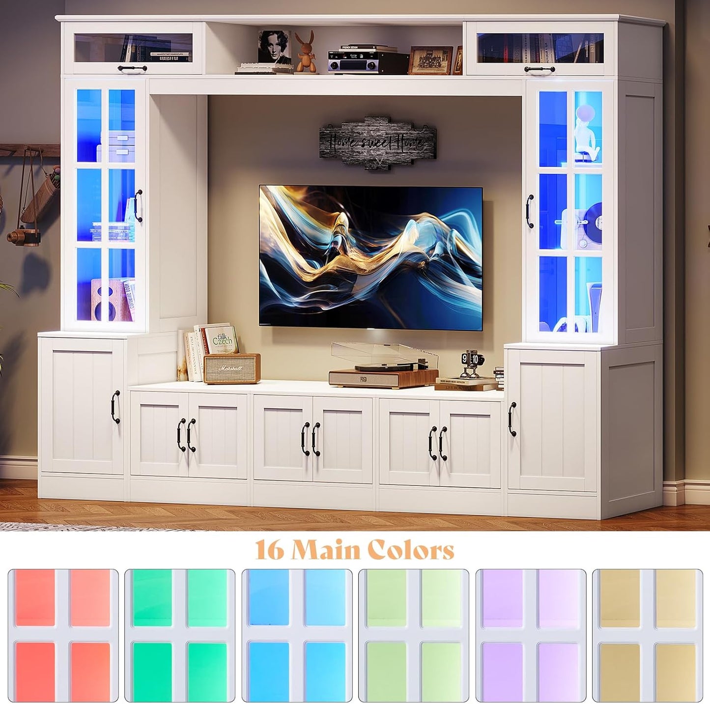 98" W Wall Unit TV Stand with Storage for Tvs up to 80", Modern TV Console with LED Lights, Entertainment Center with Bookshelves for Living Room, White