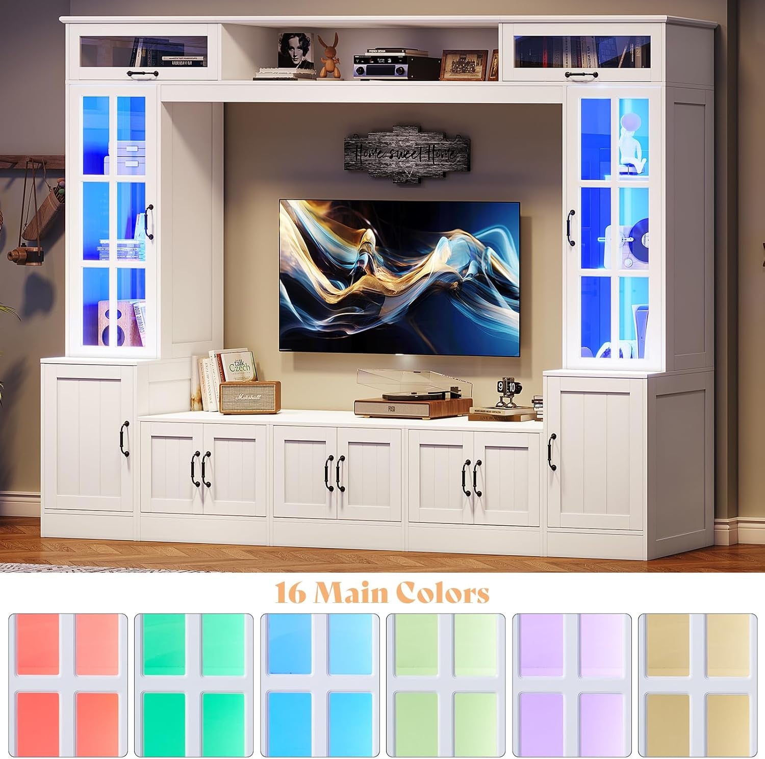 98" W Wall Unit TV Stand with Storage for Tvs up to 80", Modern TV Console with LED Lights, Entertainment Center with Bookshelves for Living Room, White