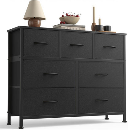 7 Drawer Dresser with Fabric Bins Fabric Storage Tower Organizer for Bedroom Closet Hallway Entryway Tall Chest of Drawers with Steel Frame Wood Top Easy Pull Handles,Black