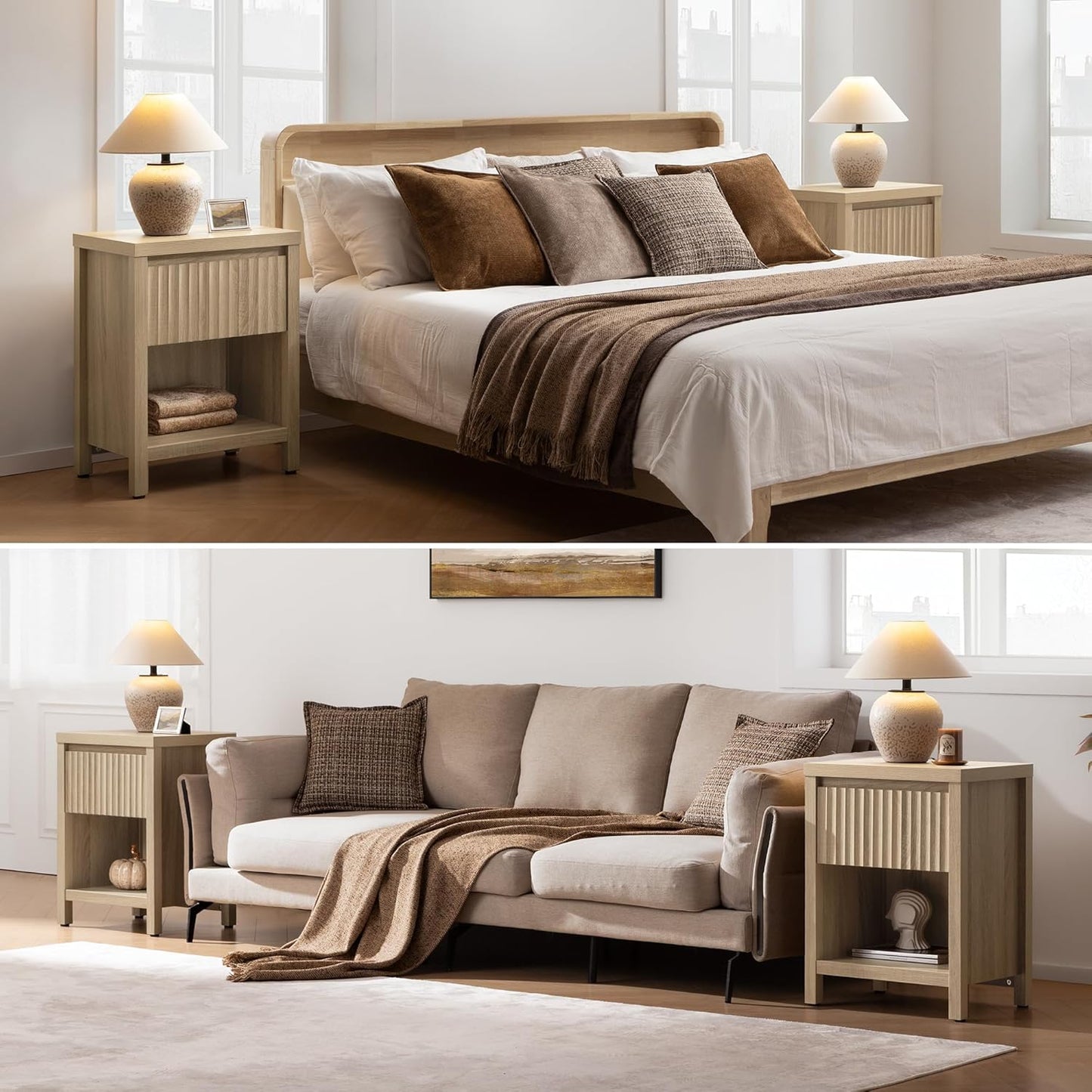 Fluted Night Stand Set of 2, Farmhouse Nightstands with Drawer, Boho Bedside Table with Storage Shelf, Large End Tables Bed Side Tables for Bedroom, Light Oak