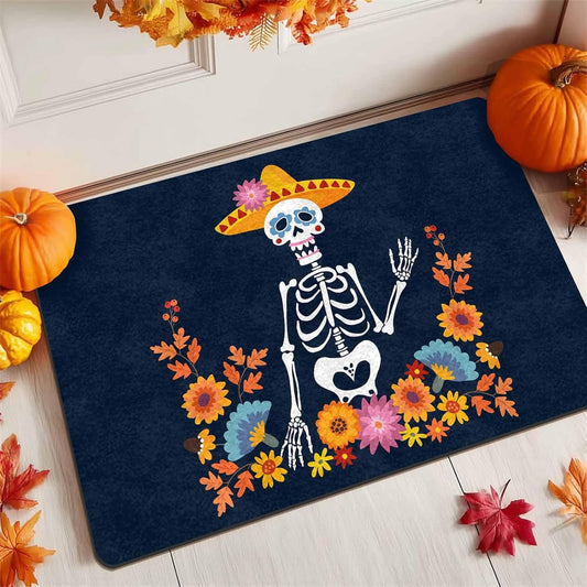 Halloween Door Mat Front Porch Rugs for Home Farmhouse Party Decor, Skeleton Hat and Floral Doormats Welcome Floor Mats Welcome Rug Outdoor Entry Rug, 18" X 30"Inch