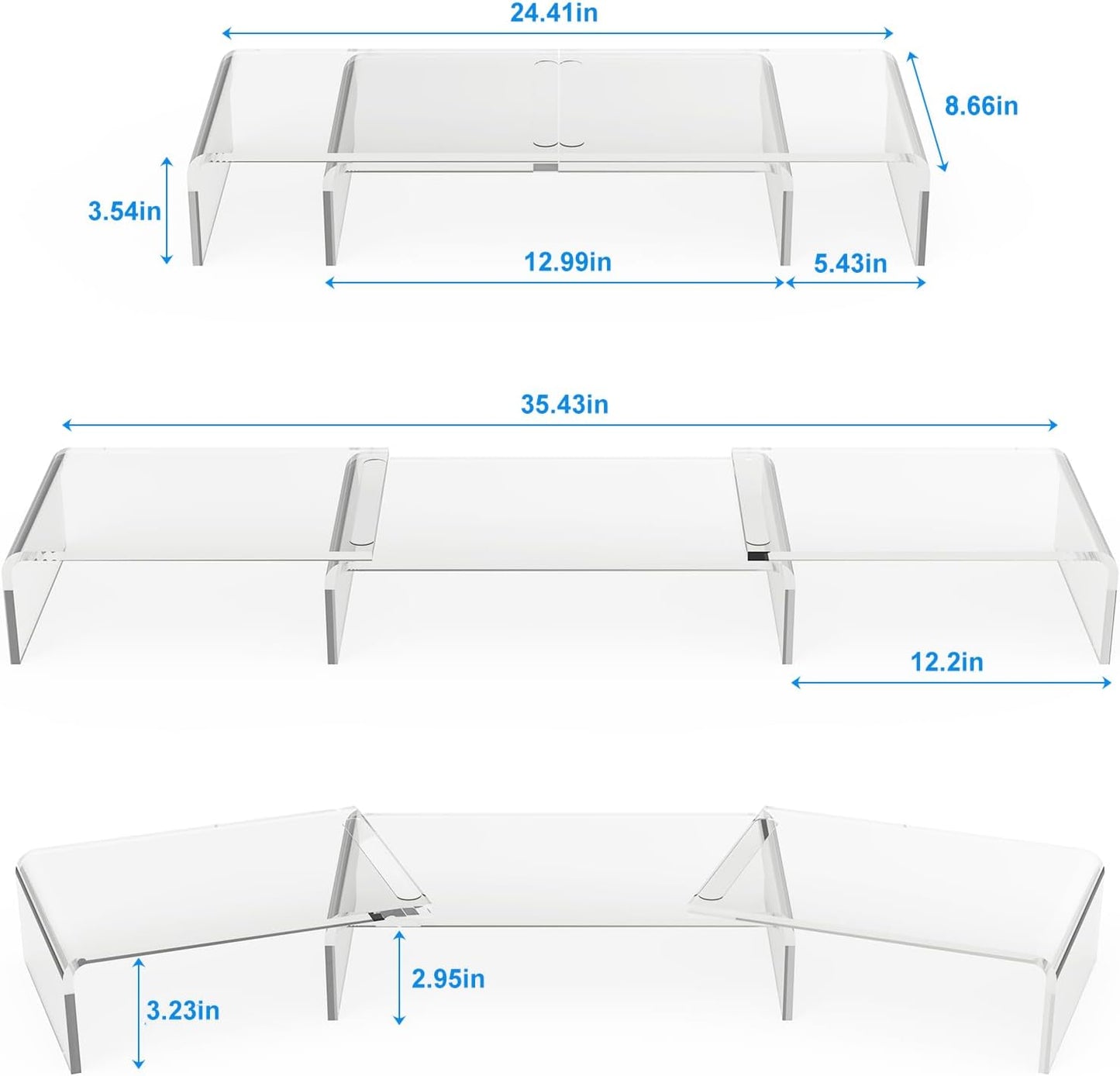 Clear Acrylic Monitor Stand Riser, 3 Shelves Adjustable Dual Monitor Stand with Anti-Slip Mat, Premium Desk Organizer for Home Office, Laptops, Pcs, Printers, Tvs