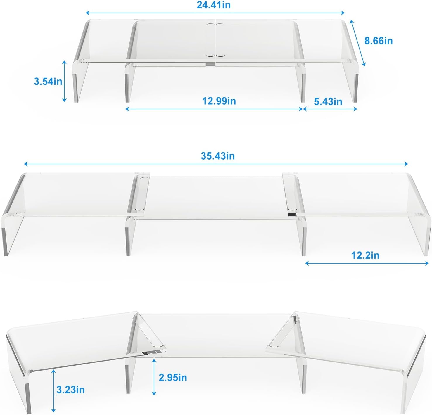 Clear Acrylic Monitor Stand Riser, 3 Shelves Adjustable Dual Monitor Stand with Anti-Slip Mat, Premium Desk Organizer for Home Office, Laptops, Pcs, Printers, Tvs