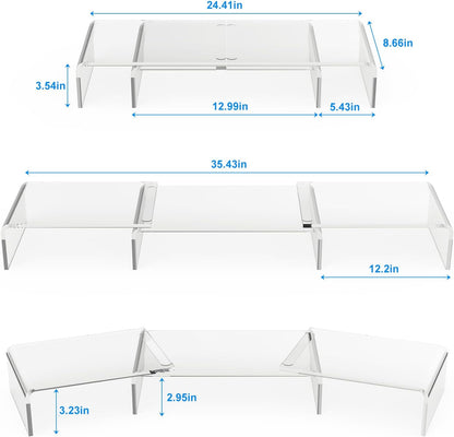 Clear Acrylic Monitor Stand Riser, 3 Shelves Adjustable Dual Monitor Stand with Anti-Slip Mat, Premium Desk Organizer for Home Office, Laptops, Pcs, Printers, Tvs