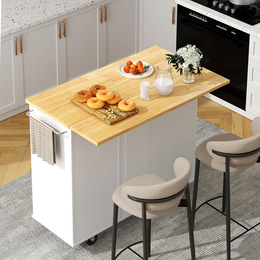 Rolling Kitchen Island Cart with Folding Drop Leaf Breakfast Bar, Portable Trolley Island with Large Storage Cabinet, Shelf and Drawer, White