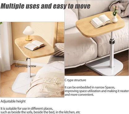 Pedestal Adjustable C Table for Small Spaces，C Shaped End Table Desktop Can Turn 360° and the Height of the Sofa Small TV Tray Table Can Be Adjusted for Couch