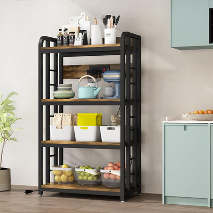 Bakers Rack with Power Outlet ，4-Tier Kitchen Baker'S Rack,Microwave Stand with Storage Suitable for Kitchen, Living Room, Dinning Room，Coffee Bar(Rustic Brown)