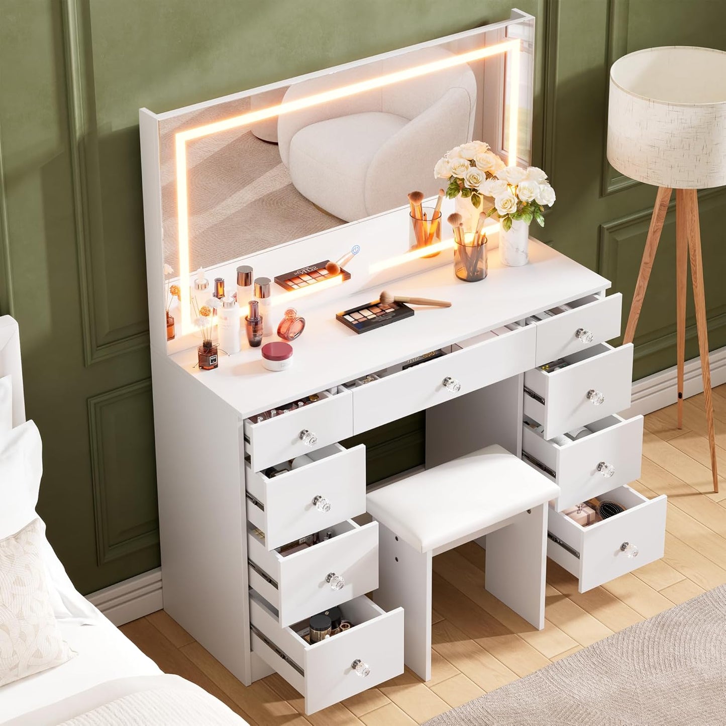Vanity with Mirror and Lights - Vanity Desk with Power Outlet and 9 Drawers, 3 Color Lighting Modes, Adjustable Brightness, Makeup Vanity with Soft Cushioned Stool for Bedroom, White 43“L