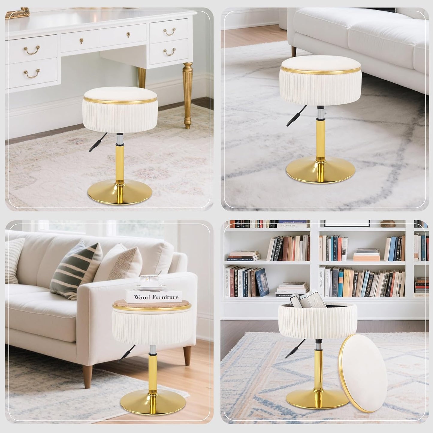 Adjustable Vanity Stool with Storage, 360° Swivel Makeup Stool Chair Small Velvet round Ottoman with Gold Base for Bedroom (Beige)
