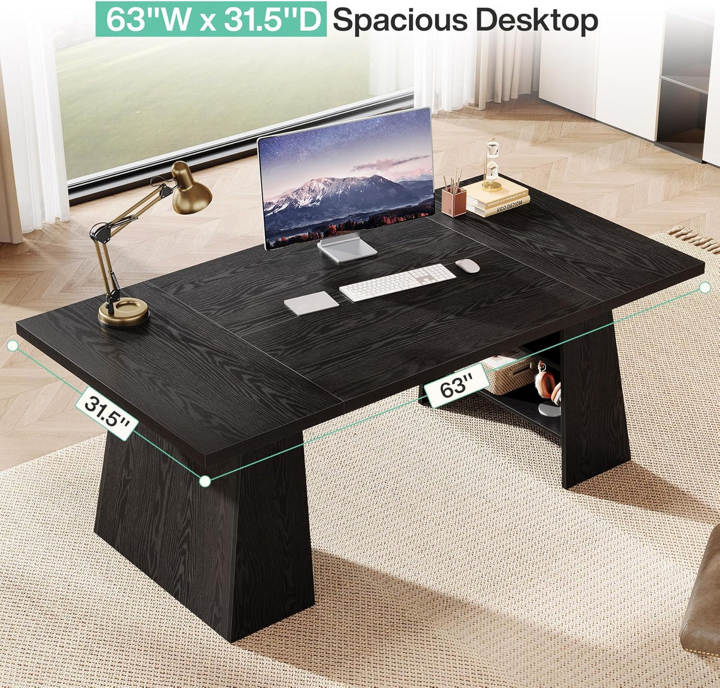 63-Inch Executive Desk, Modern Black Office Desk with Double Pedestal and Storage Shelves, Simple Large Computer Writing Conference Table Workstations Business Furniture for Home Office