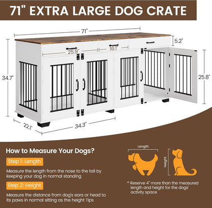 71" Dog Crate Furniture for 2 Dogs, Heavy Duty Indoor Dog Kennel TV Stand, XL Wooden Dog Cage with Divider for Medium Large Dogs, End Table Dog Crate