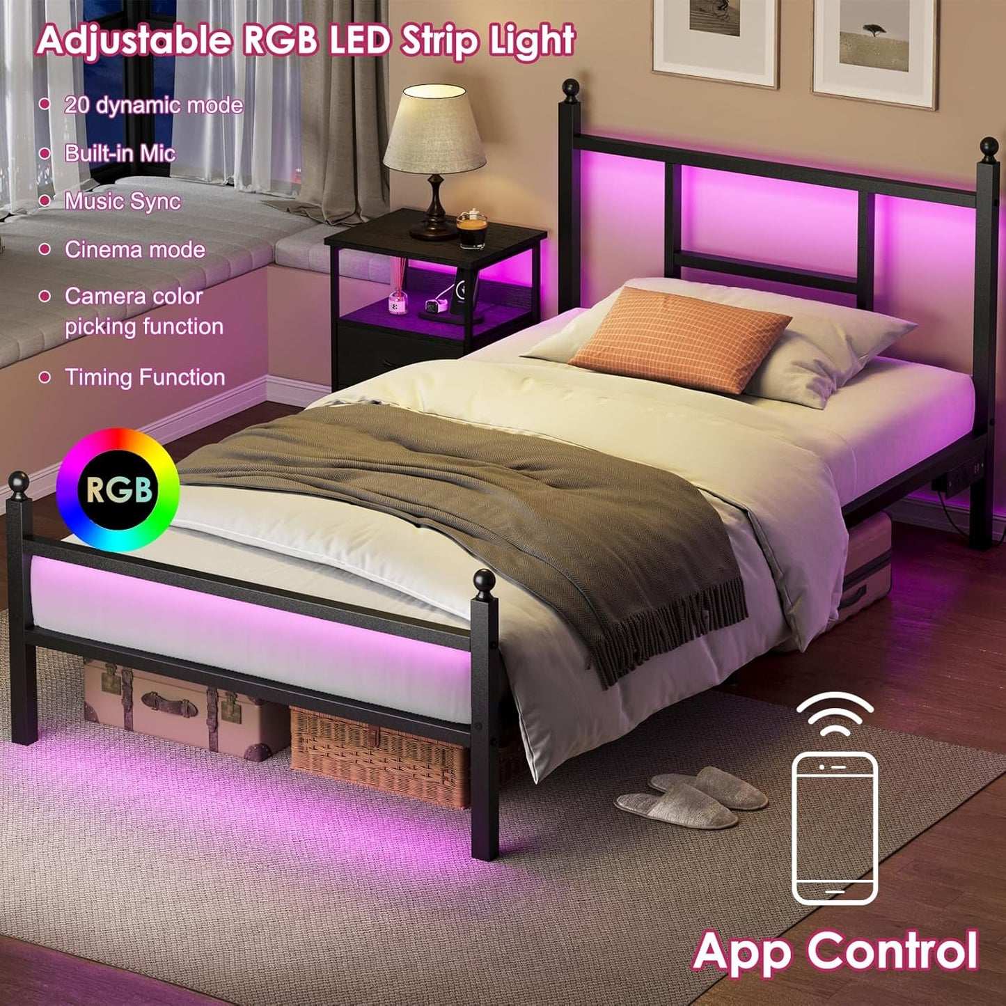 Twin Bed Frame with Charging Station, Metal Bed Frame with Port and Outlet, Black