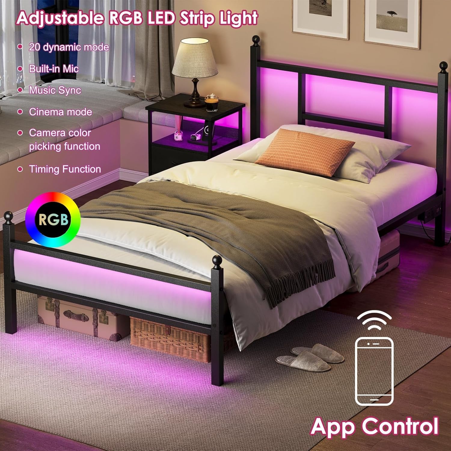 Twin Bed Frame with Charging Station, Metal Bed Frame with Port and Outlet, Black