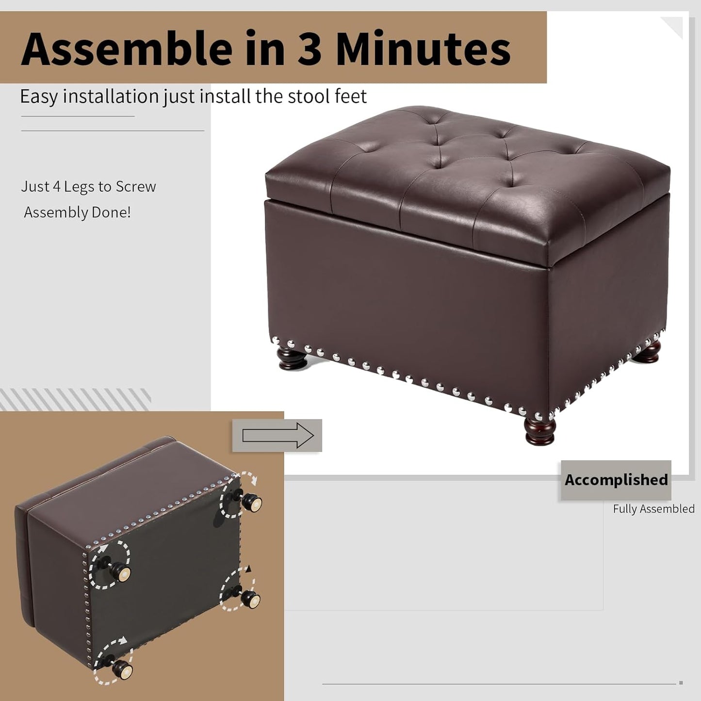 Faux Leather Storage Ottoman Bench Rectangle 24 Inch Foot Rest Ottomans (Brown)