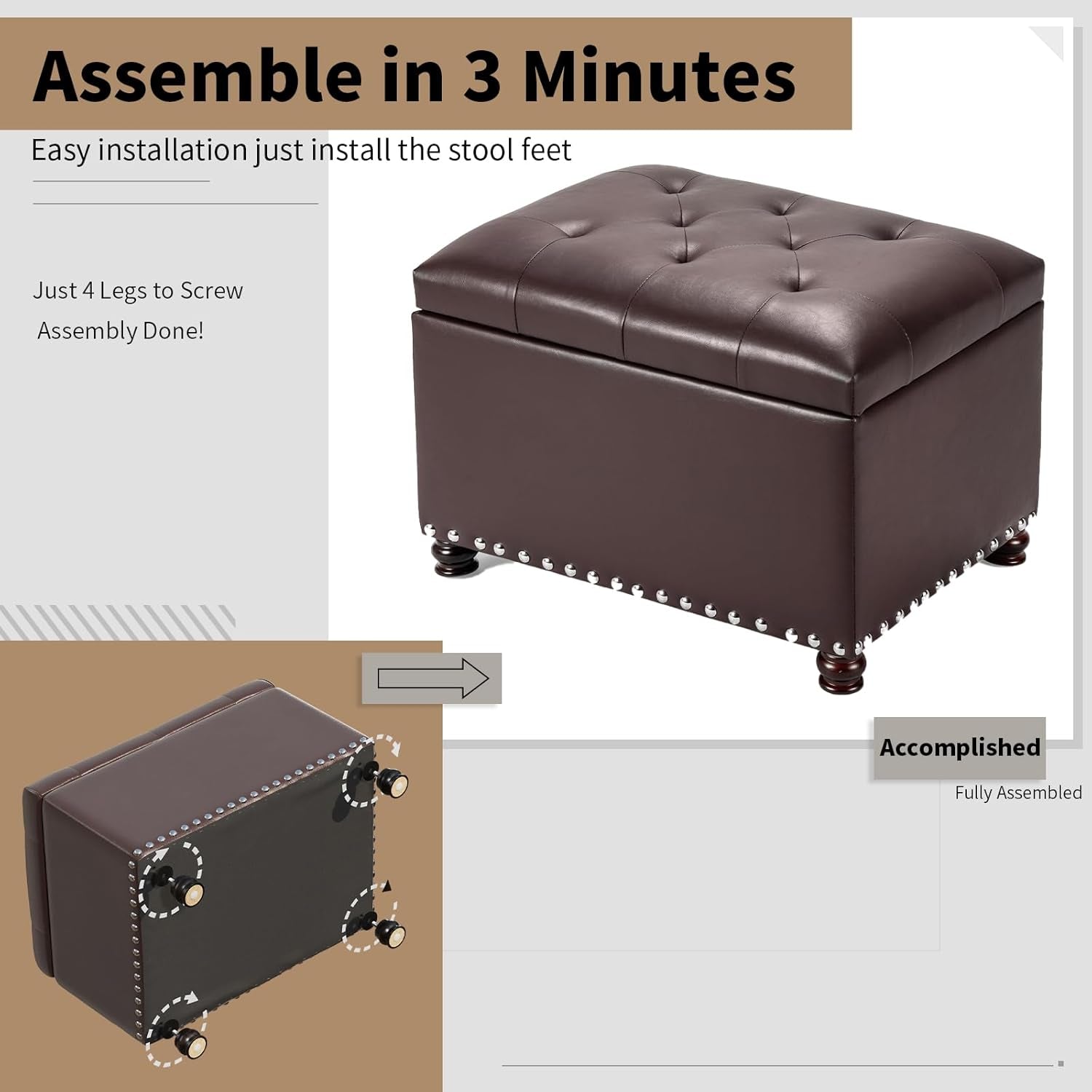 Faux Leather Storage Ottoman Bench Rectangle 24 Inch Foot Rest Ottomans (Brown)