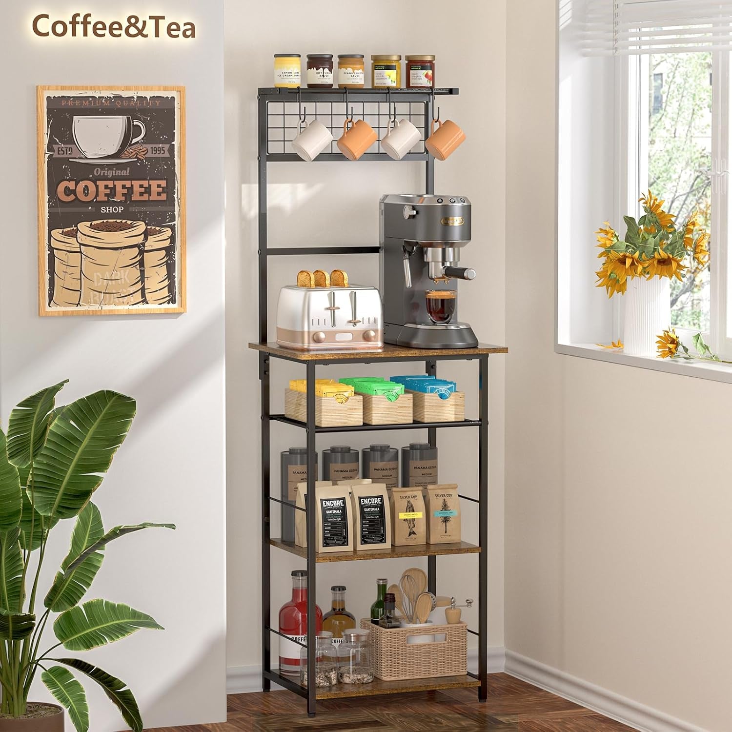 5 Tier Coffee Bar Station, Kitchen Stand with 4 S-Shaped Hooks, Farmhouse Corner Coffee Bar Cabinet for Small Spaces, Bakers Rack for Kitchen, Entryway, Living Room, 13.43"D X 18.93"W X 53.31"H