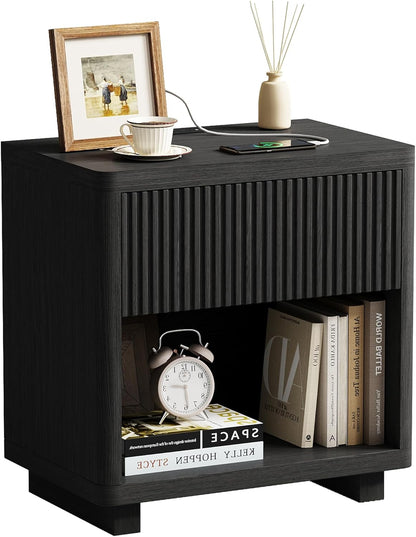 24" Wide Night Stands for Bedrooms Set of 2 with Charging Station, Wood Fluted Nightstand Set of 2 with Drawer and Outlet, 2Pcs Bedside Table for Bedroom