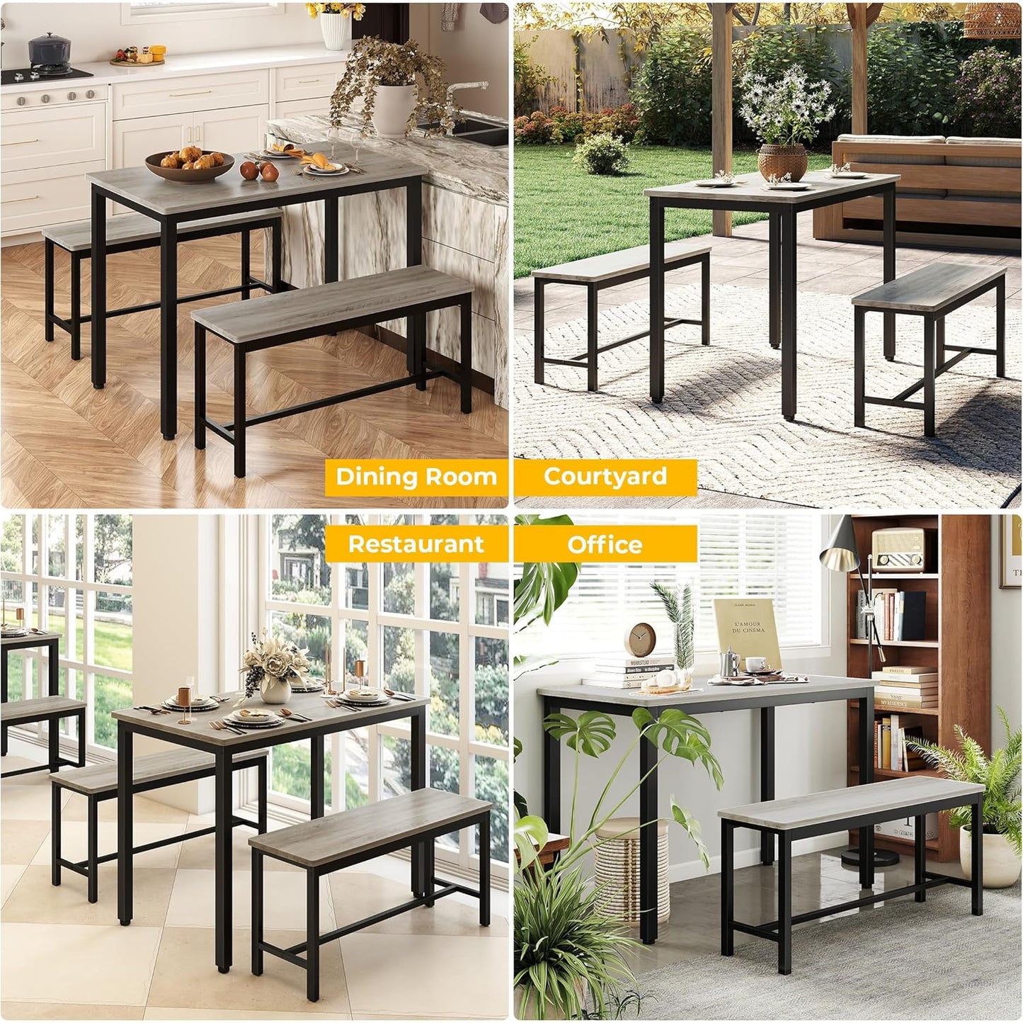 Sturdy Durable Dining Table Set for 4 with Bench, Easy to Assemble Kitchen Table with Bench, Space-Saving Ideal 4-Person Set,Grey