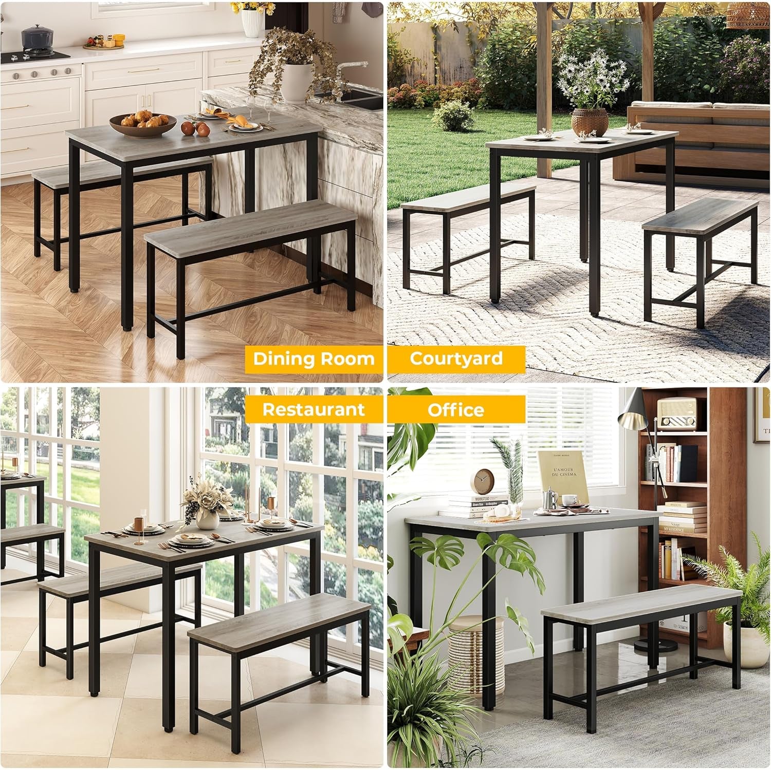 Sturdy Durable Dining Table Set for 4 with Bench, Easy to Assemble Kitchen Table with Bench, Space-Saving Ideal 4-Person Set,Grey