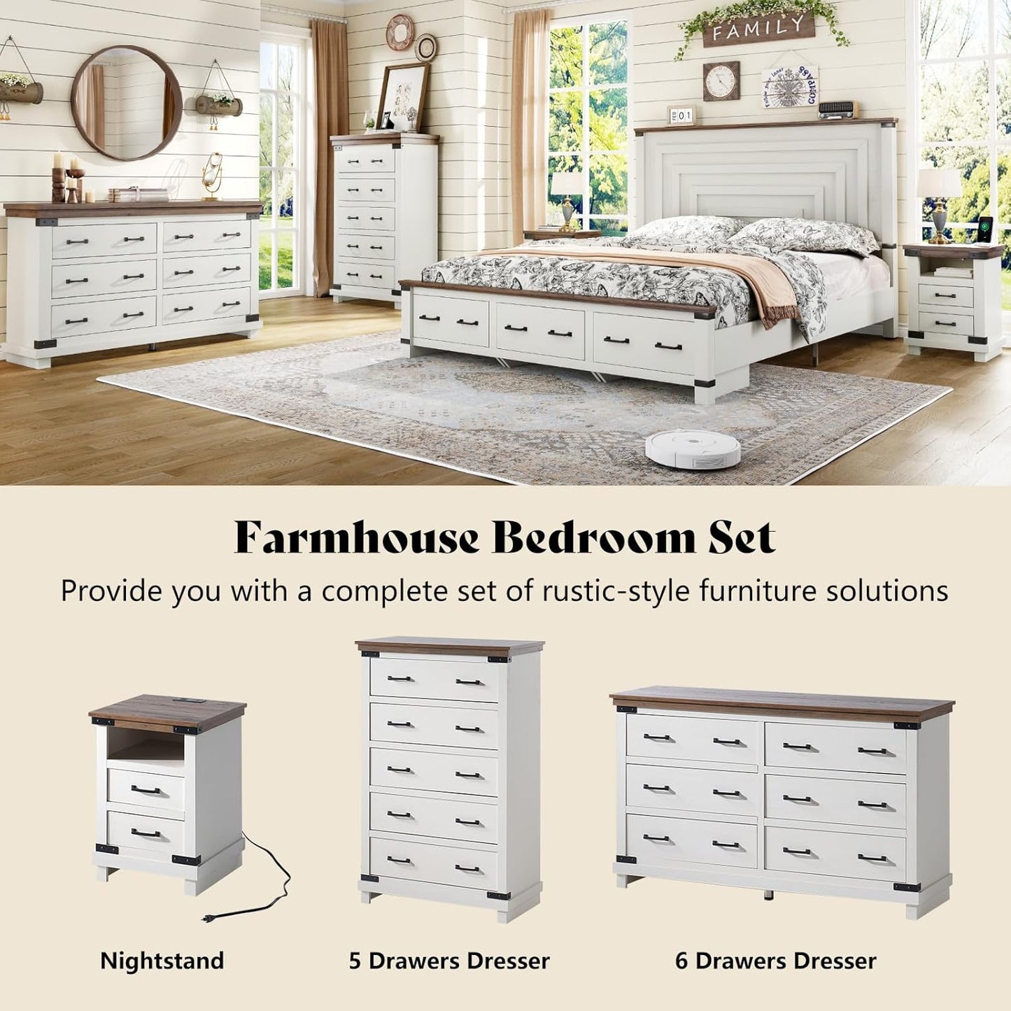 4 Pieces Farmhouse Bedroom Set, Includes 6 Drawer Large Dresser Chest, 5 Drawer Tall Dresser Chest, Nightstand Set of 2 with Charging Station, Wood Rustic Chest of Drawer, Living Room, White