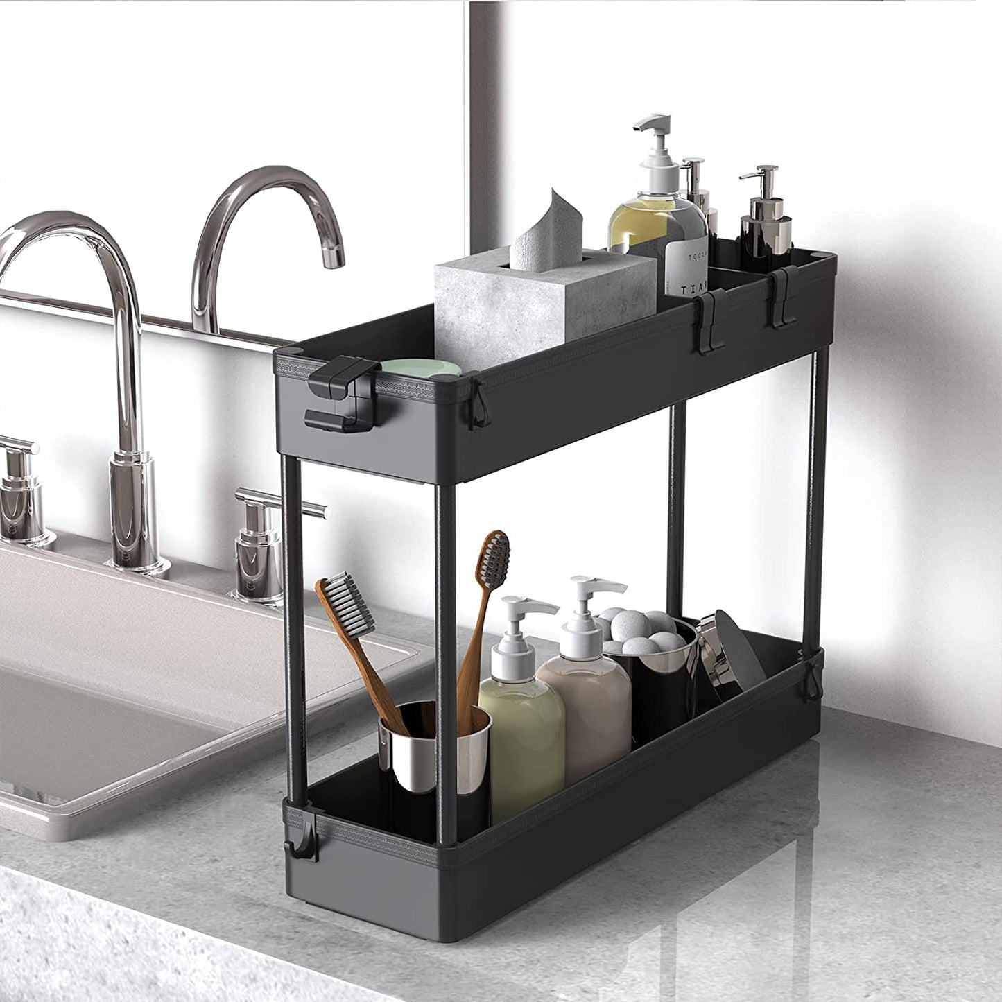 Slim Storage Cart 4 Tier,Bathroom Organizer Rolling Utility,Mobile Shelving Unit Slide Out for Office, Kitchen, Laundry Room & Narrow Places,Black