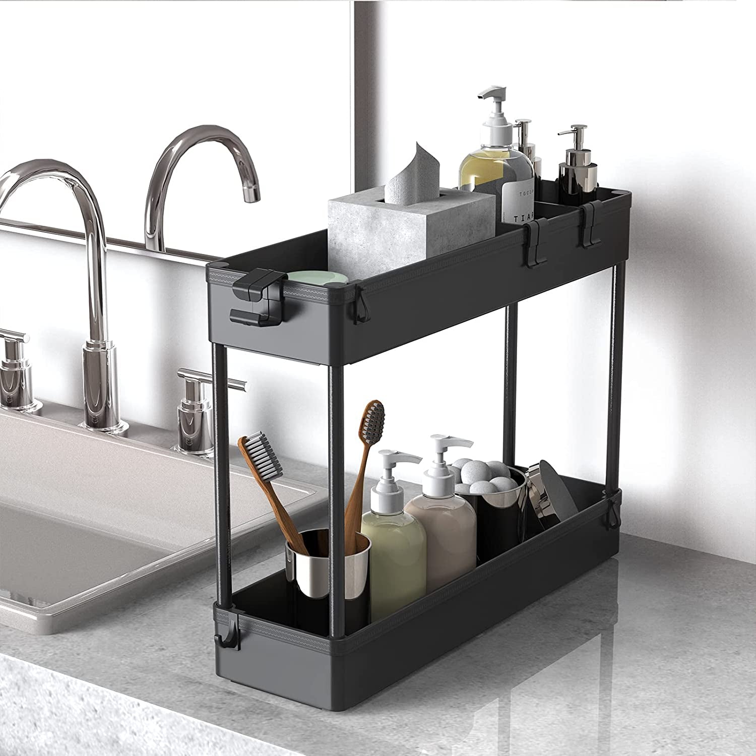 Slim Storage Cart 4 Tier,Bathroom Organizer Rolling Utility,Mobile Shelving Unit Slide Out for Office, Kitchen, Laundry Room & Narrow Places,Black