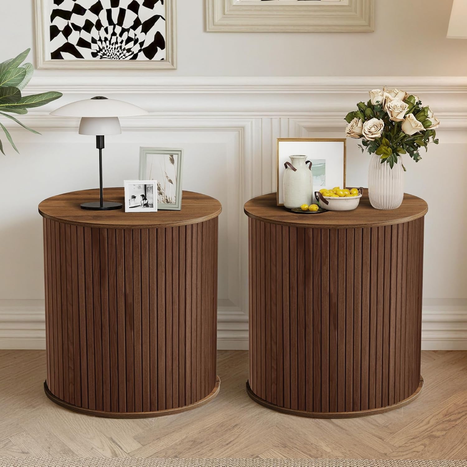 Nesting round Side Table Set of 2, Half-Moon End Tables with Storage Lids, Accent Fluted Bedside Tables with Metal Frame, Sofa Table Nightstand for Bedroom Living Room (1 Round, Walnut)
