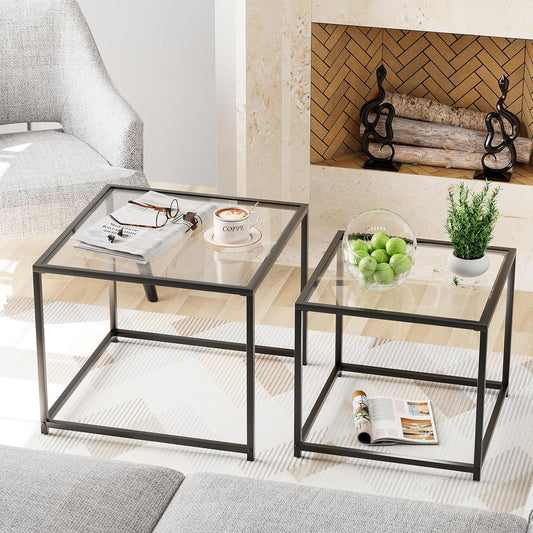 Coffee Table Set of 2, Modern Glass Nesting Table, Metal Frame Square Center Table Set, Side Tables, Nesting Coffee Table for Living Room, Bedroom and Small Spaces, 23.6In Black