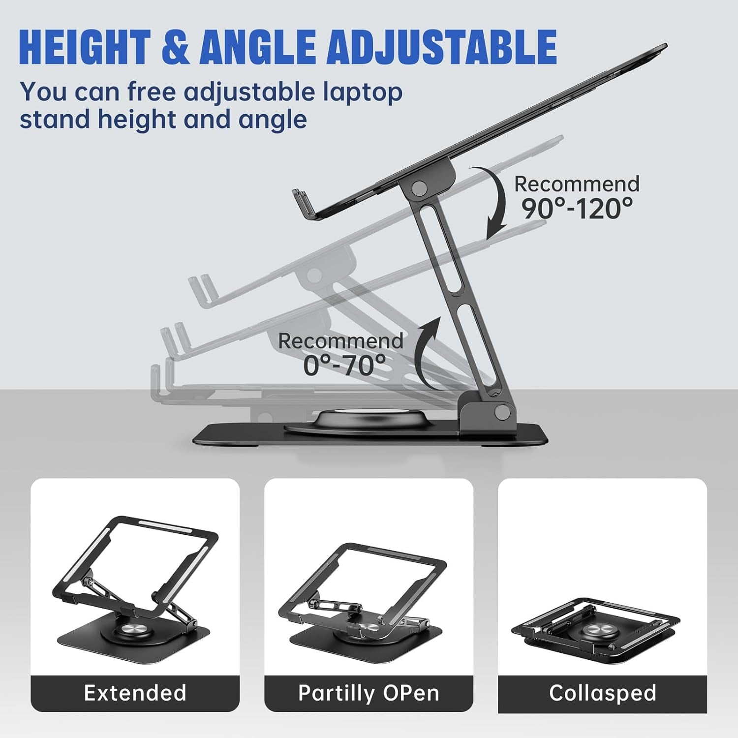 Laptop Stand for Desk, Adjustable Computer Stand with 360° Rotating Base, Ergonomic Laptop Riser for Collaborative Work, Foldable & Portable Laptop Stand, Fits for All 10-16" Laptops