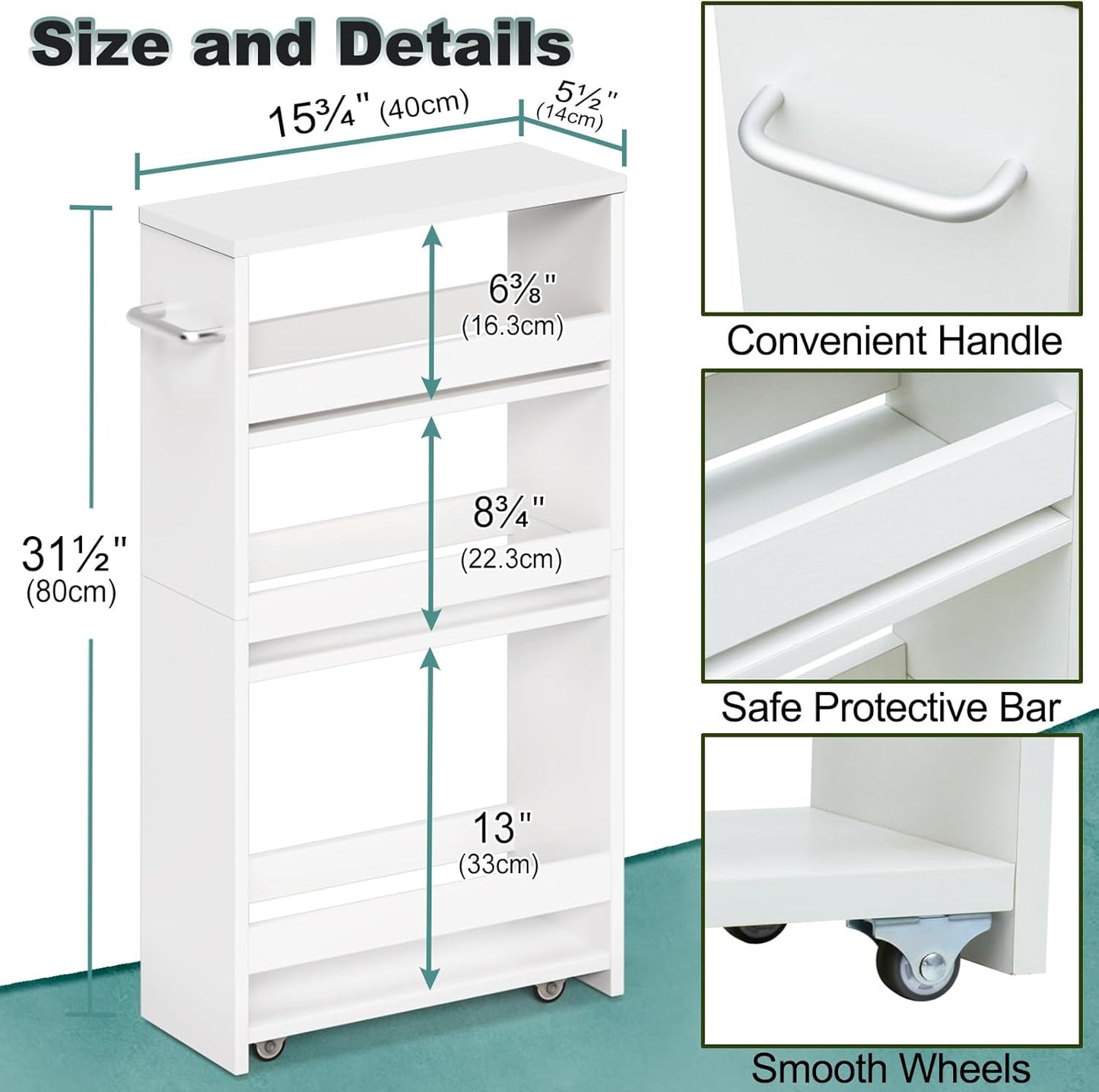 White Slim Storage Cart with Wheels, 4 Tier Rolling Utility Cart with Handle Slide Out Shelving Unit Organizer Trolley for Laundry Kitchen Bathroom Narrow Places Small Corner