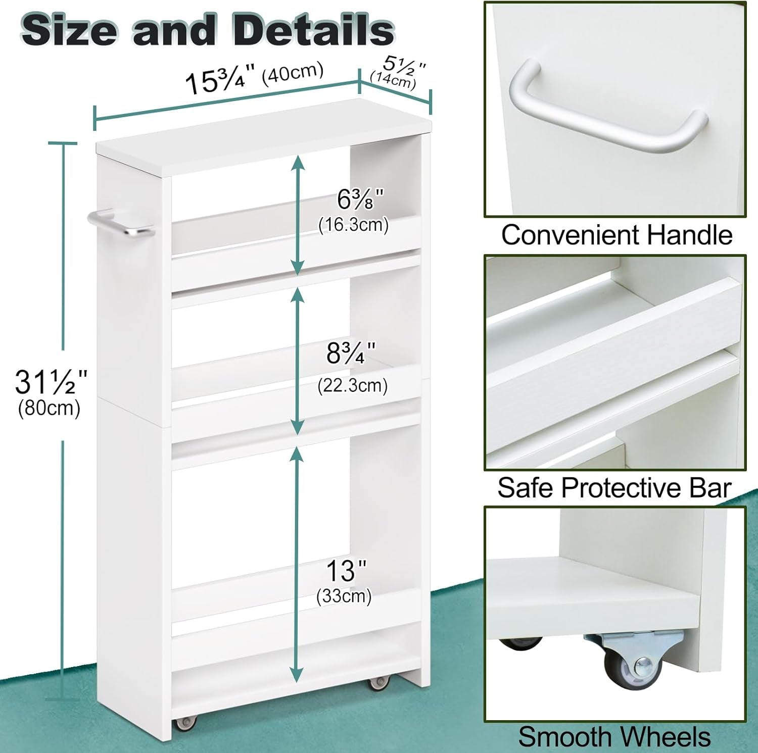White Slim Storage Cart with Wheels, 4 Tier Rolling Utility Cart with Handle Slide Out Shelving Unit Organizer Trolley for Laundry Kitchen Bathroom Narrow Places Small Corner