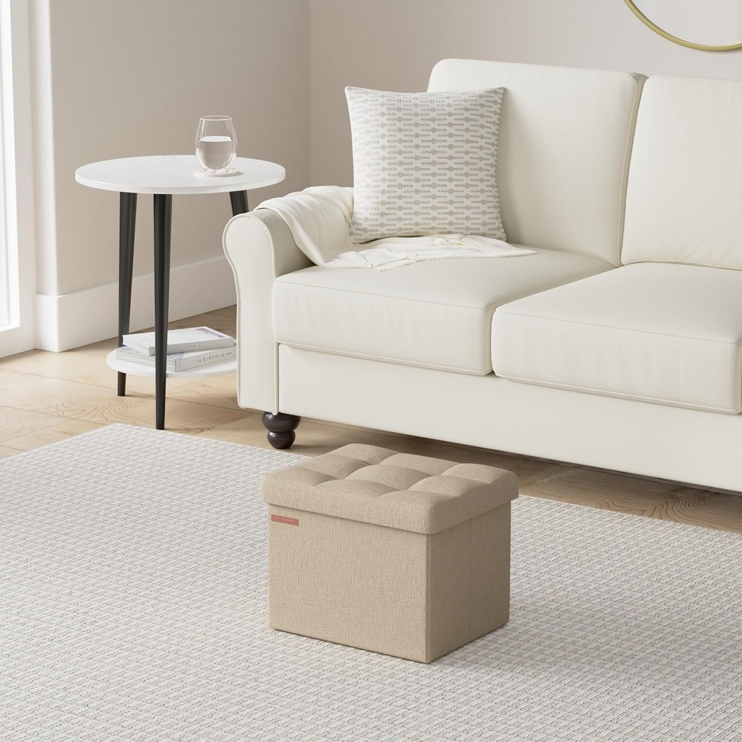 MAZIE Collection - Small Folding Storage Ottoman, Foot Rest Stool, 12.2 X 16.1 X 12.2 Inches, 286 Lb Load Capacity, for Living Room, Bedroom, Home Office, Dorm, Light Taupe ULSF102K01