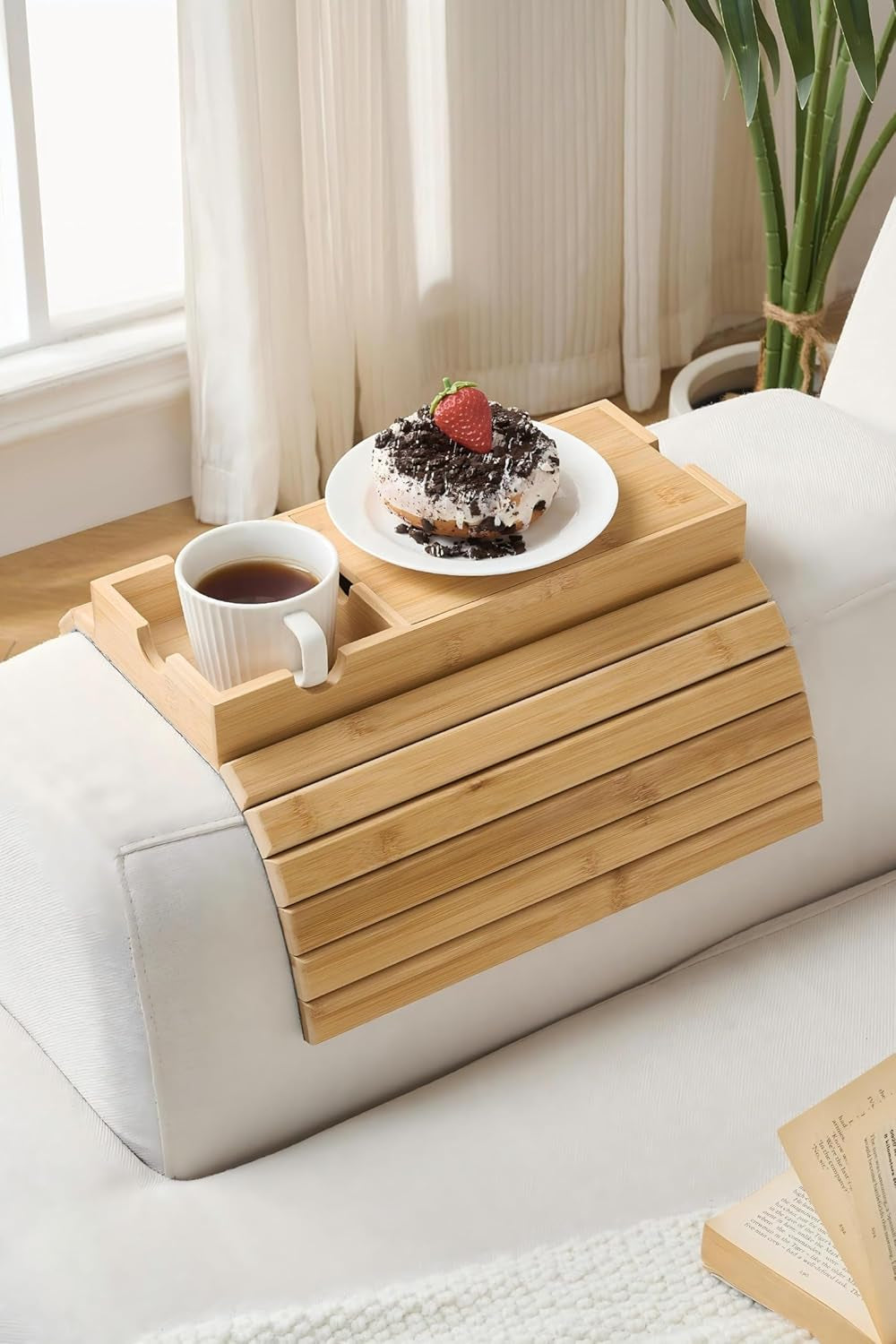 Sofa Arm Tray, Bamboo Large Couch Cup Holder with Hidden Storage, Sofa Armrest Tray Portable Anti-Spill Beverage Snack Remote Holder