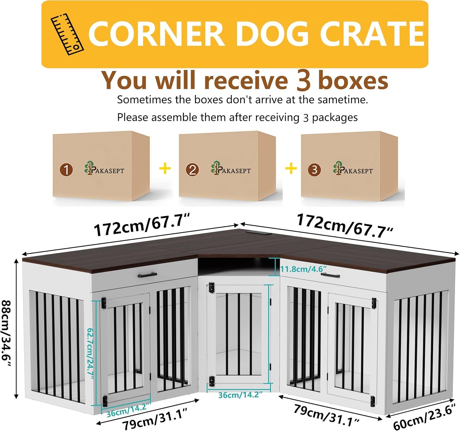 Extra Large Corner Dog Crate Furniture for 3 Dogs,3 in 1 Wooden Dog Crate Kennel with 2 Drawers,Divider,Power Outlet,Heavy Duty Double Dog Kennel Indoor for Small,Medium,Large Dogs,White ﻿