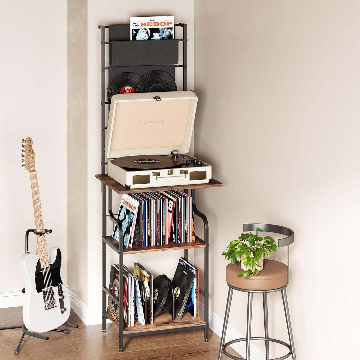 6-Tier Record Player Stand, Turntable Stand with Large Desktop, Tall Vinyl Player Stand with Display Rack, CD Vinyl Storage Holder, Gramophone Table for Living Room