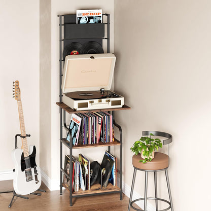 6-Tier Record Player Stand, Turntable Stand with Large Desktop, Tall Vinyl Player Stand with Display Rack, CD Vinyl Storage Holder, Gramophone Table for Living Room