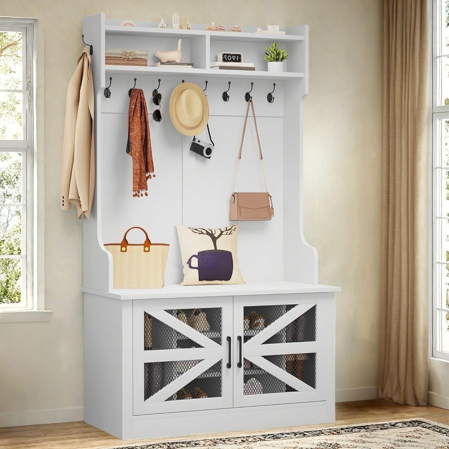 42" Wide Hall Tree with Shoe Storage, Farmhouse Entryway Bench with Coat Rack, 10 Shoe Cubbies with Adjustable Shelves & 10 Coat Hooks, Shoe Storage Bench for Entryway Hallway (White)