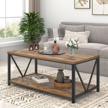 Modern Coffee Table, Industrial Metal and Wood Living Room Table with Storage Shelf, Rustic Brown