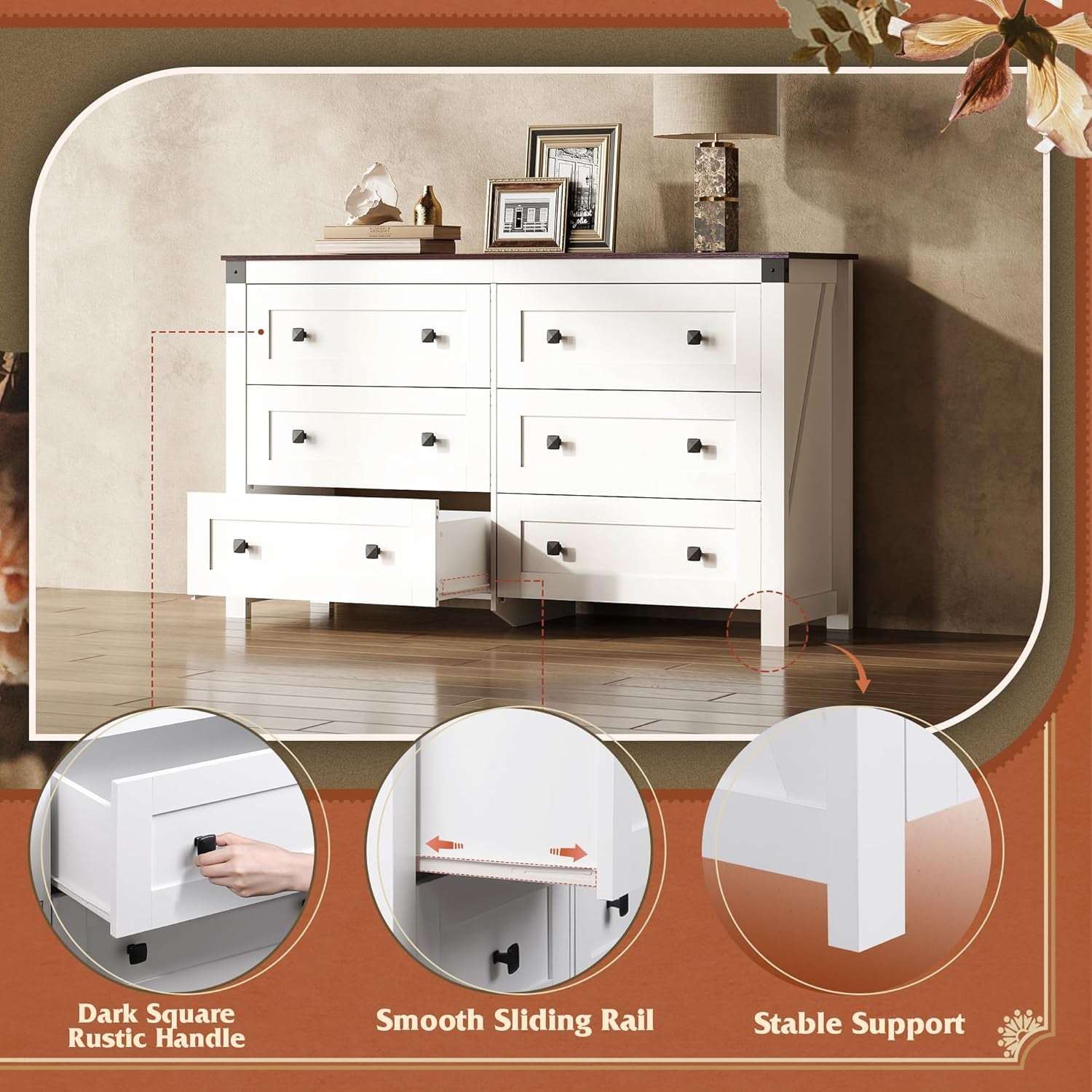 Farmhouse 6 Drawer Dresser for Bedroom, 53.07'' Wide Wood Dresser, White Dressers Storage Organizer with Double Rustic Handle, TV Stand for 60 Inch TV, Chest of Drawers for Living Room, Hallway