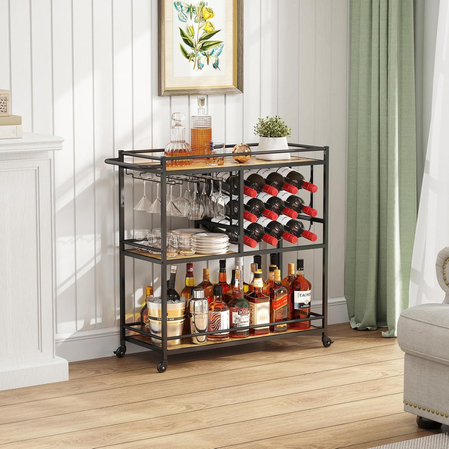 Bar Cart for the Home, 3 Tier Drink Cart with Lockable Wheels, 12 Wine Rack and 3 Rows Glass Holders, Liquor Serving Cart for Kitchen Dining Livingroom, 31.6" X 13.1" X 33.9", Rustic Brown