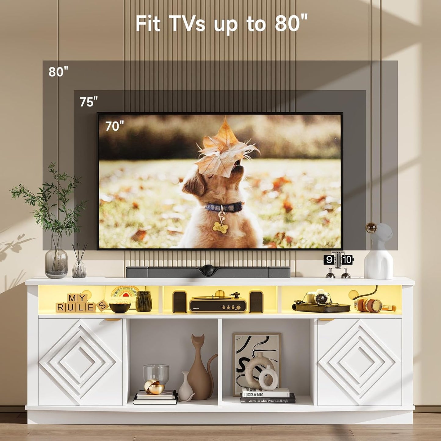 LED TV Stand for 80 Inch TV, Entertainment Center with Power Outlets, Modern TV Console Gaming Media Television Stands with Storage for Living Room, Bedroom, Gaming Room, 70 Inch, White