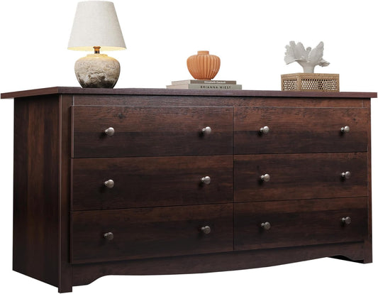 Wooden Dresser for Bedroom, 6 Drawers Chest of Drawers, 59" Wide Modern Dresser Closet Storage Organizer for Living Room Hallway, Brown