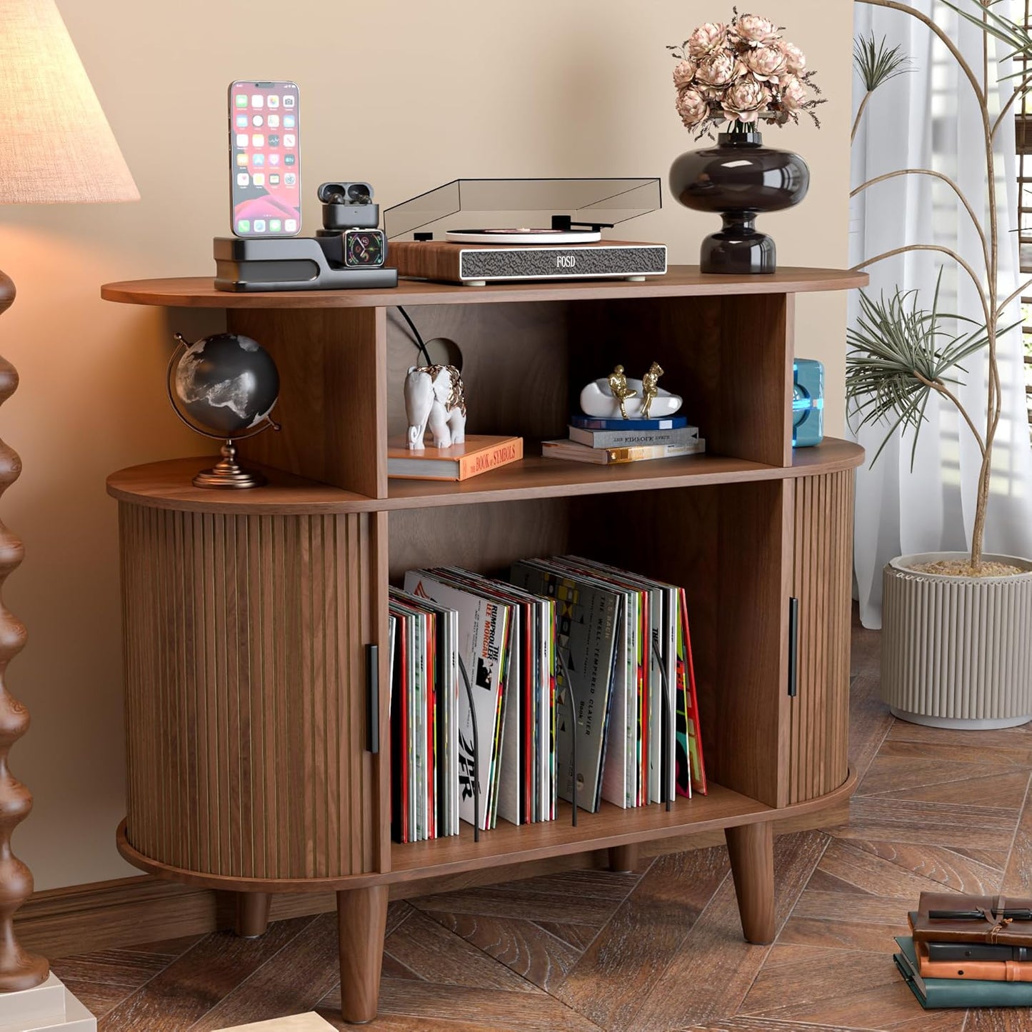 Large round Record Player Stand with Charging Station & USB Ports，Record Storage Cabinet, Mid Century Modern Turntable Stand for Bedroom Living Room (Small Brown)