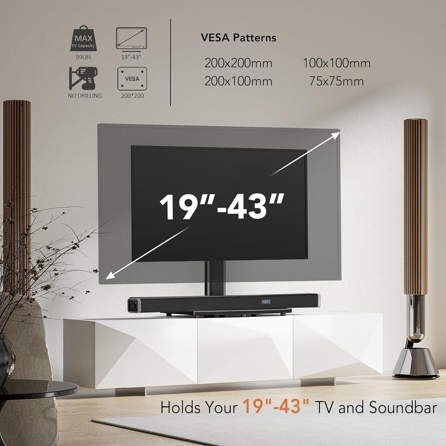 Universal Swivel TV /Table Top TV Stand for 19 to 43 Inch Tvs with 90 Degree Swivel, 4 Level Height Adjustable, Heavy Duty Tempered Glass Base, Holds up to 99LBS HT02B-001