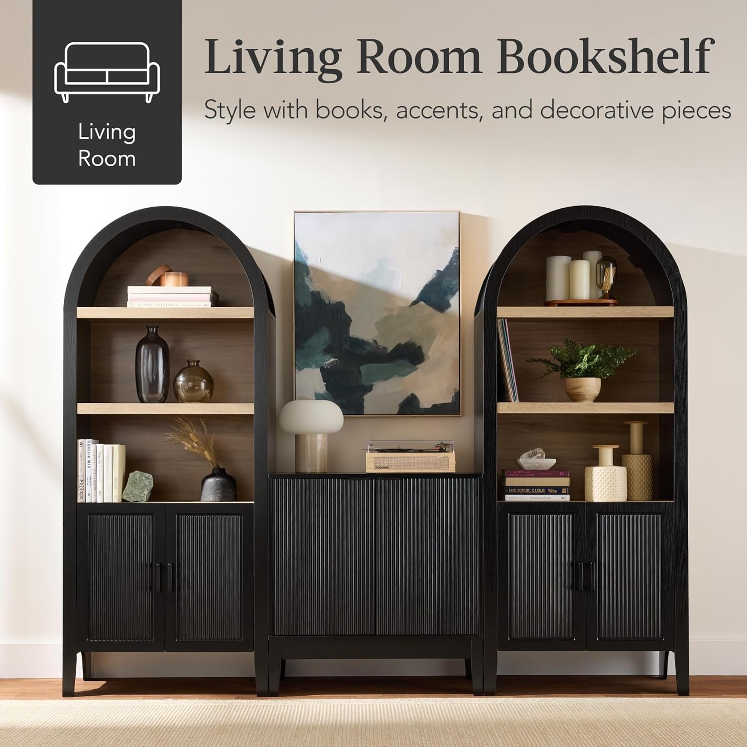 72" Tall Arched Pantry Cabinet W/Reeded Doors, 5-Tier Bookshelf, Armoire, Hutch, Bookcase, Storage Cabinet W/Adjustable Shelves, for Dining Room and Livingroom - Black Oak