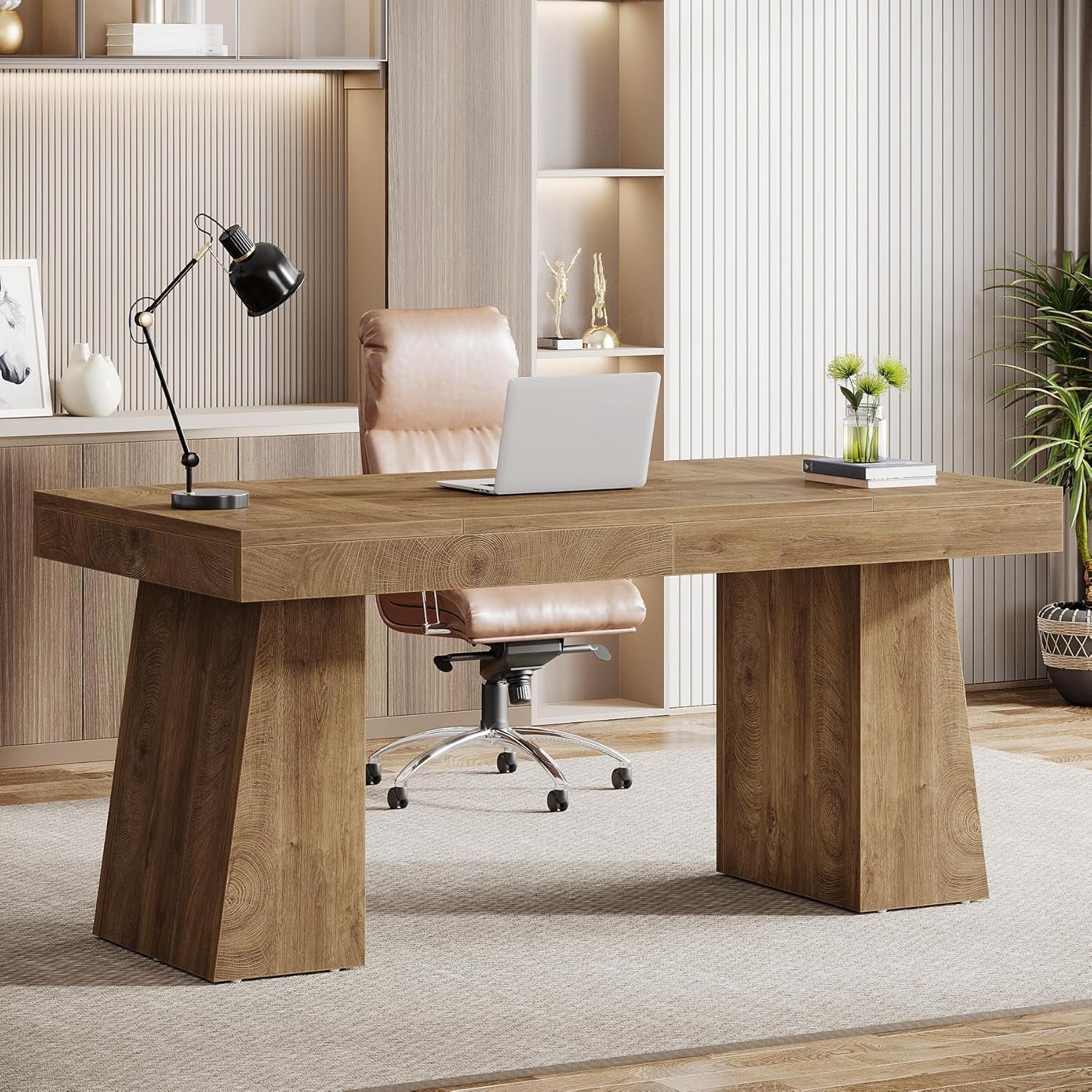 55 Inches Executive Desk, Mid-Century Modern Home Office Desk, Wood Computer Table Business Workstation Small Conference Table, Light Brown