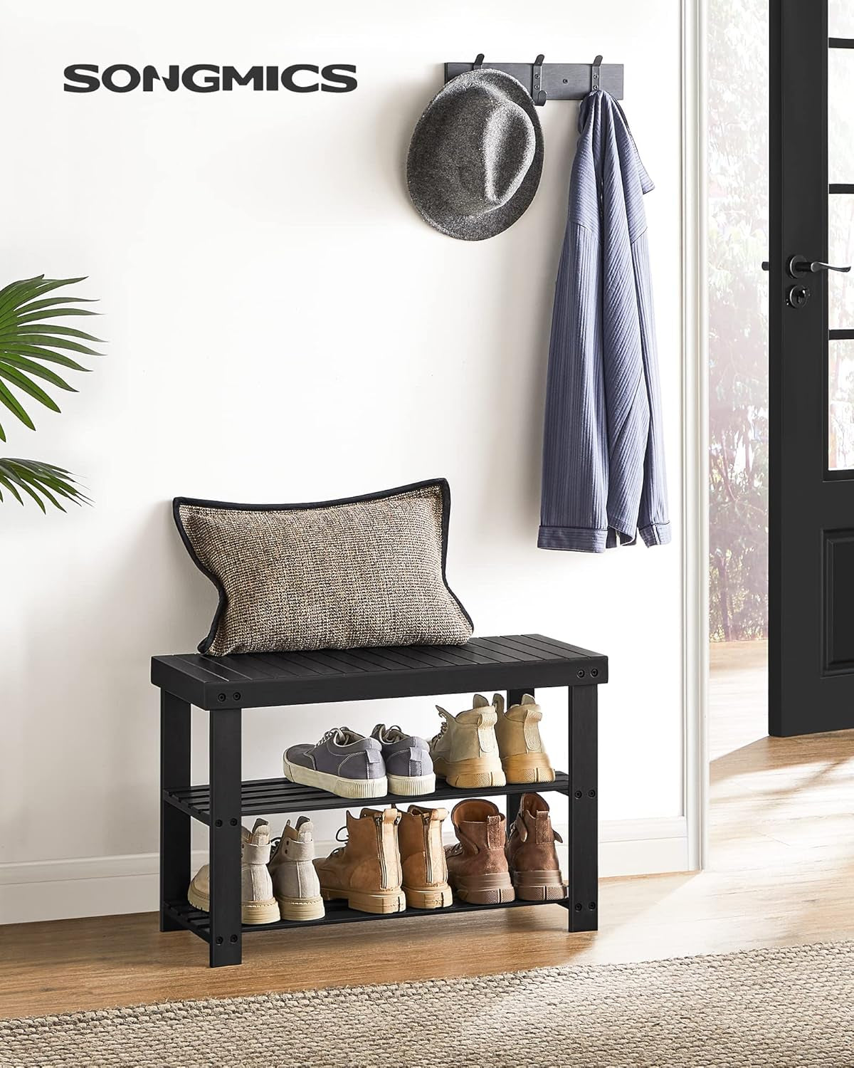 Shoe Rack Bench, 3-Tier Bamboo Shoe Storage Organizer, Entryway Bench, Holds up to 286 Lb, 11.3 X 27.6 X 17.8 Inches, for Entryway Bathroom Bedroom, Ink Black ULBS04H